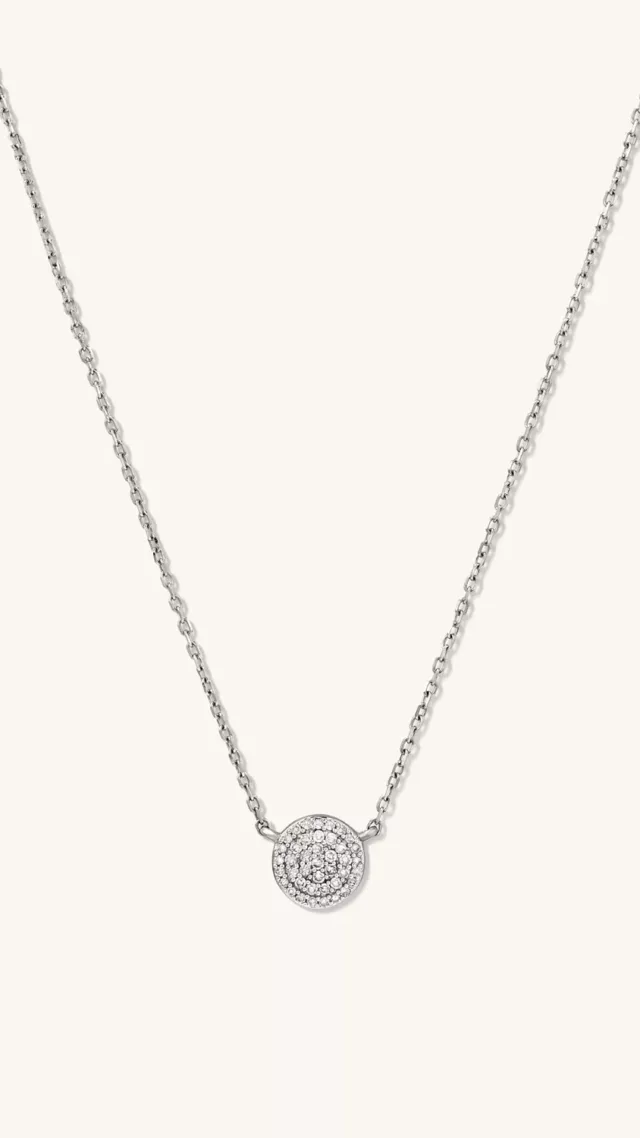 Large Pave Diamond Round Necklace White Gold silver