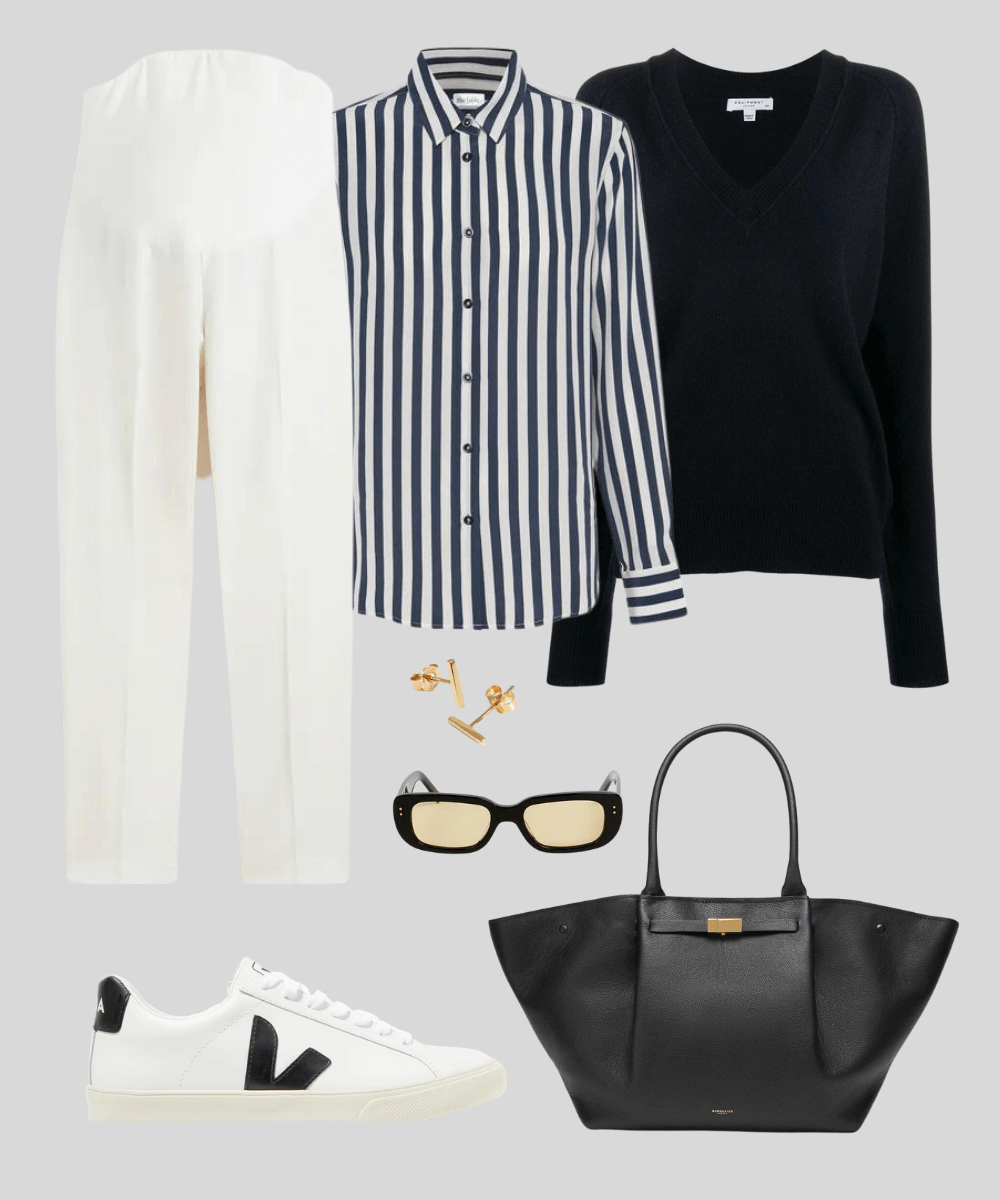 Cover Image for Stripe shirt | Cashmere jumper | White maternity pants | Veja sneakers