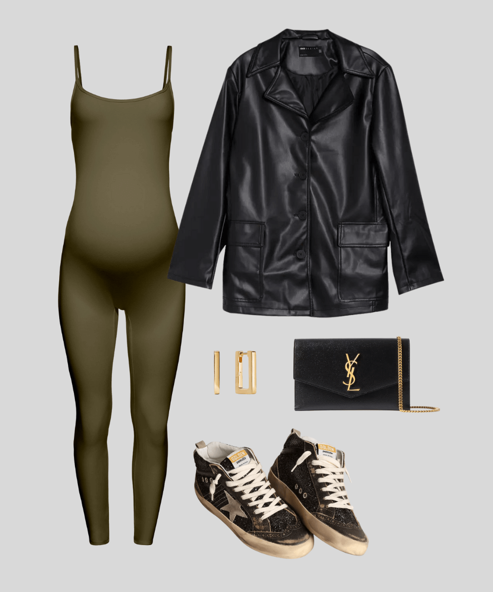 Cover Image for Olive bumpsuit | Golden Goose sneakers | Faux leather jacket | Gold accessories