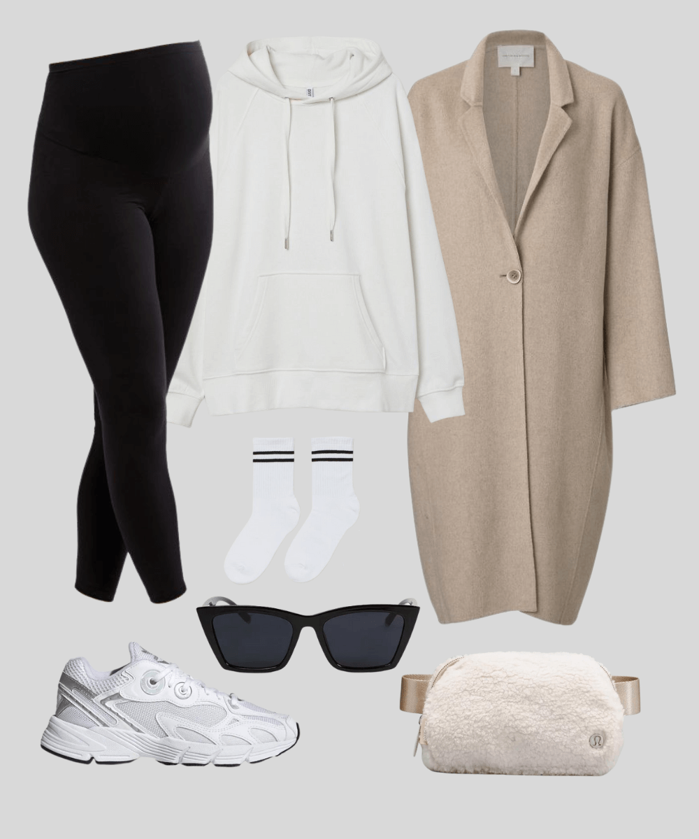 Cover Image for Black maternity leggings | White hoodie | Wool coat | Belt bag