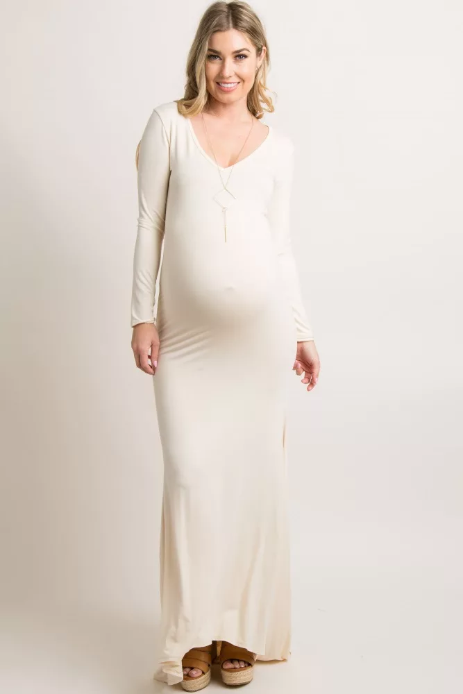 PinkBlush Beige Long Sleeve Photoshoot Maternity Gown/Dress