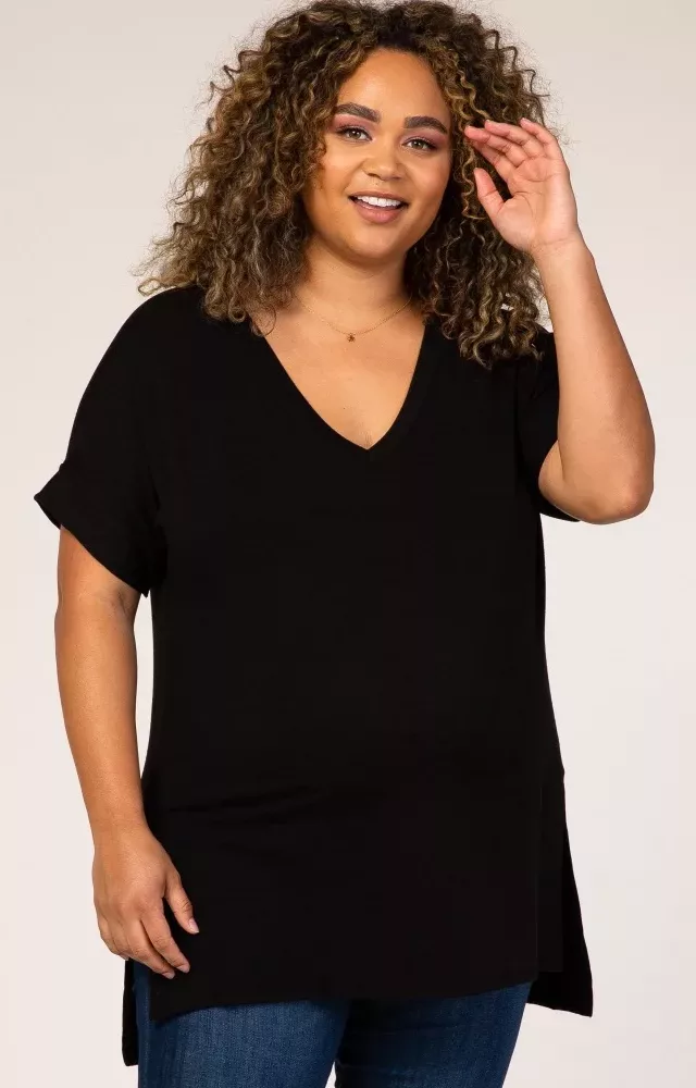 Black V-Neck Hi-Low Maternity Plus Top