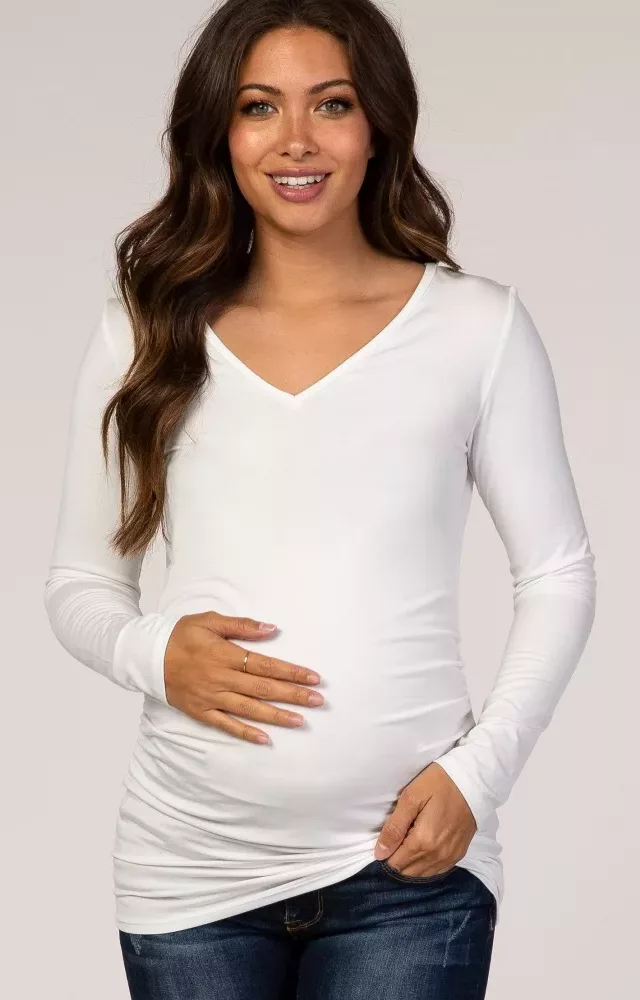 White Long Sleeve Fitted Ruched Maternity Top Ivory