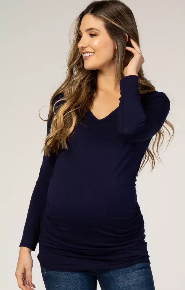 Navy Long Sleeve Ruched Fitted Maternity Top Navy Blue