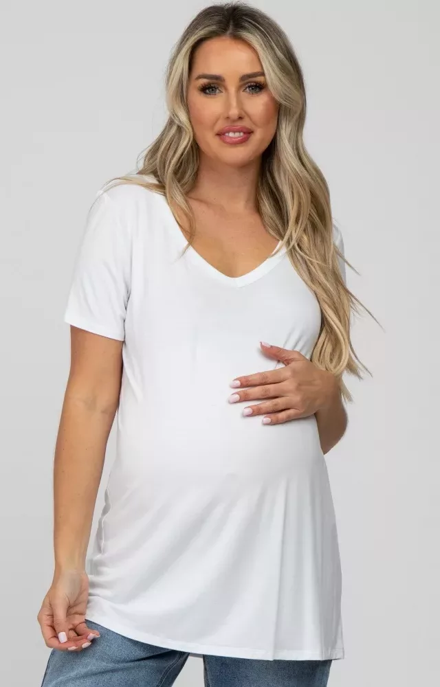 White V-Neck Short Sleeve Maternity Top