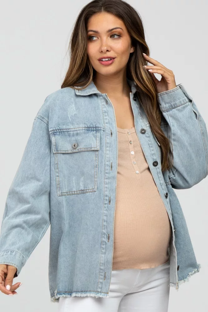 Light Blue Front Pocket Slightly Distressed Maternity Shacket