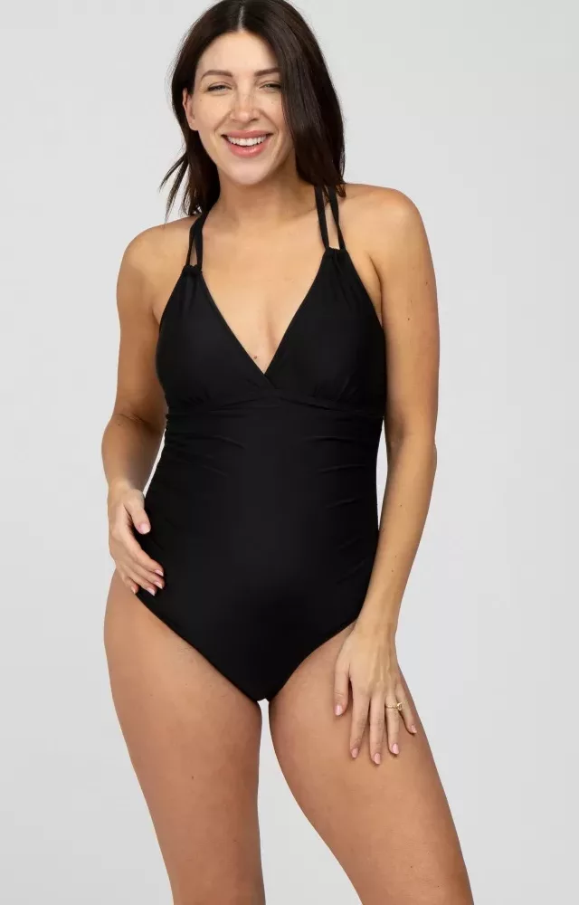 Black Ruched Side Strappy Cross Back Maternity One Piece Swimsuit