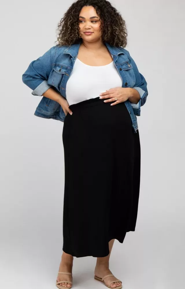 Black Gathered Waist Maternity Plus Midi Skirt