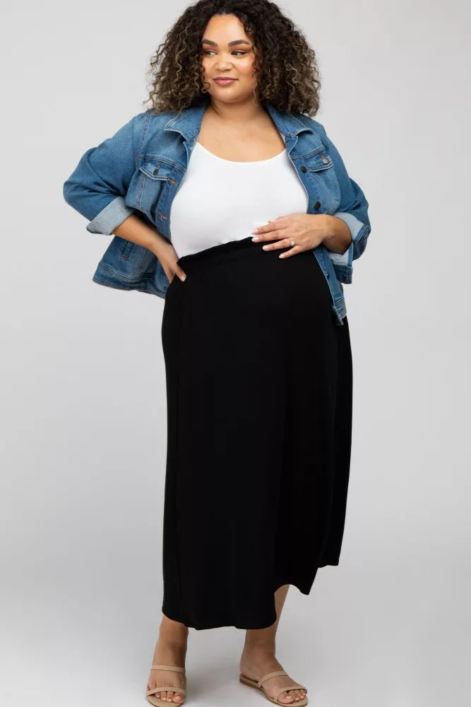 Black Gathered Waist Maternity Plus Midi Skirt