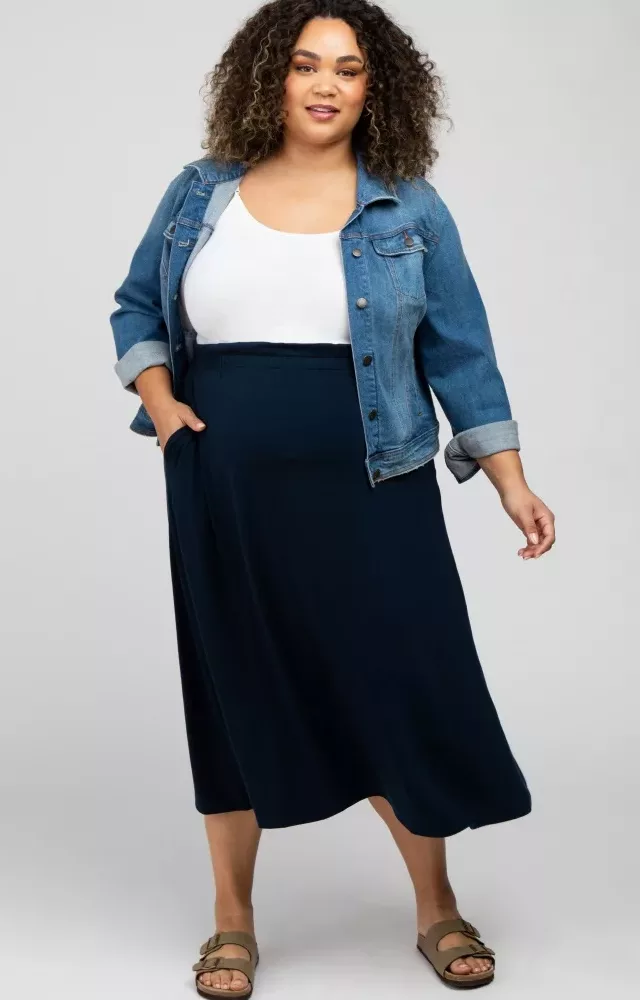 Navy Blue Gathered Waist Maternity Plus Midi Skirt
