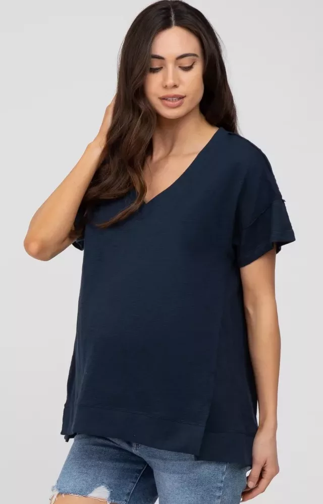 Navy Blue V-Neck Short Sleeve Side Slit Maternity Top