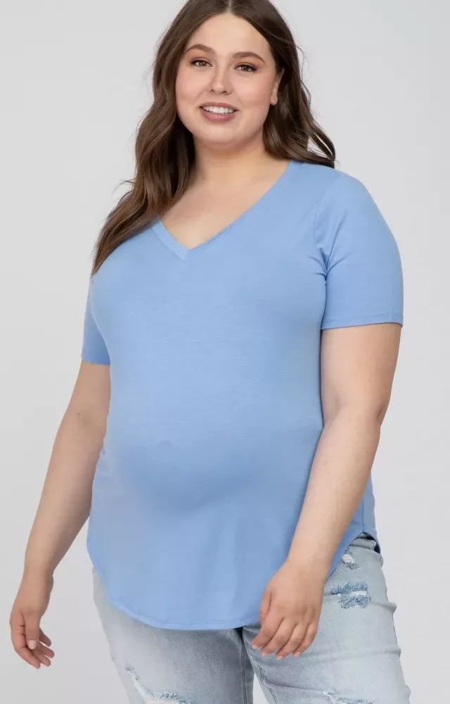 Light Blue V-Neck Round Hem Maternity Plus Top