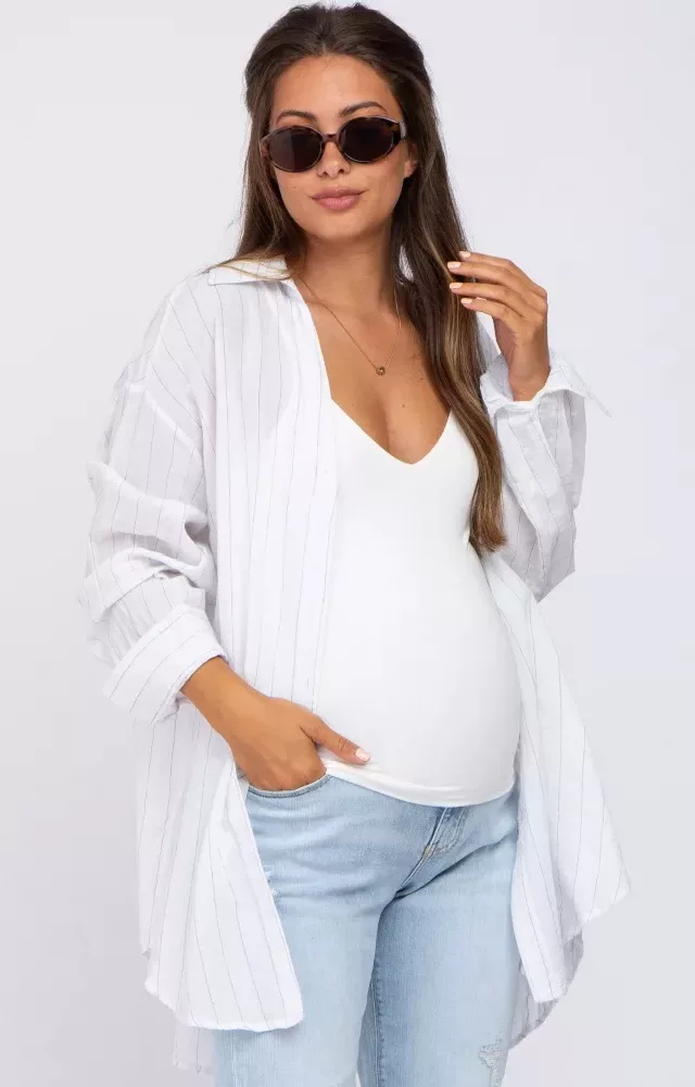 White Striped Button Up Maternity Top