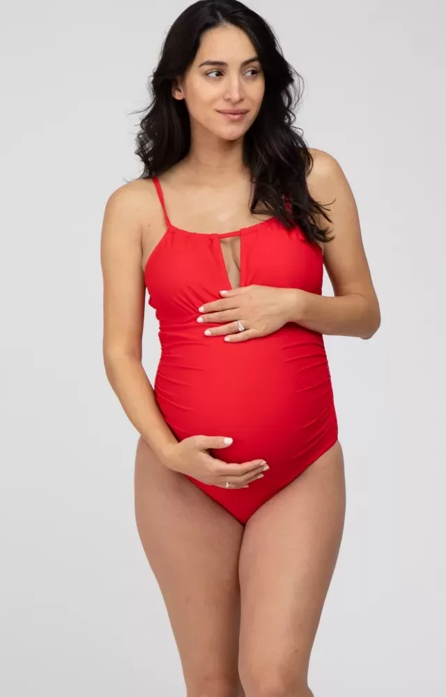 Red Back Tie Cutout One Piece Ruched Maternity Swimsuit