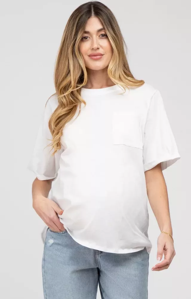 White Oversized Pocket Front Short Sleeve Maternity Top