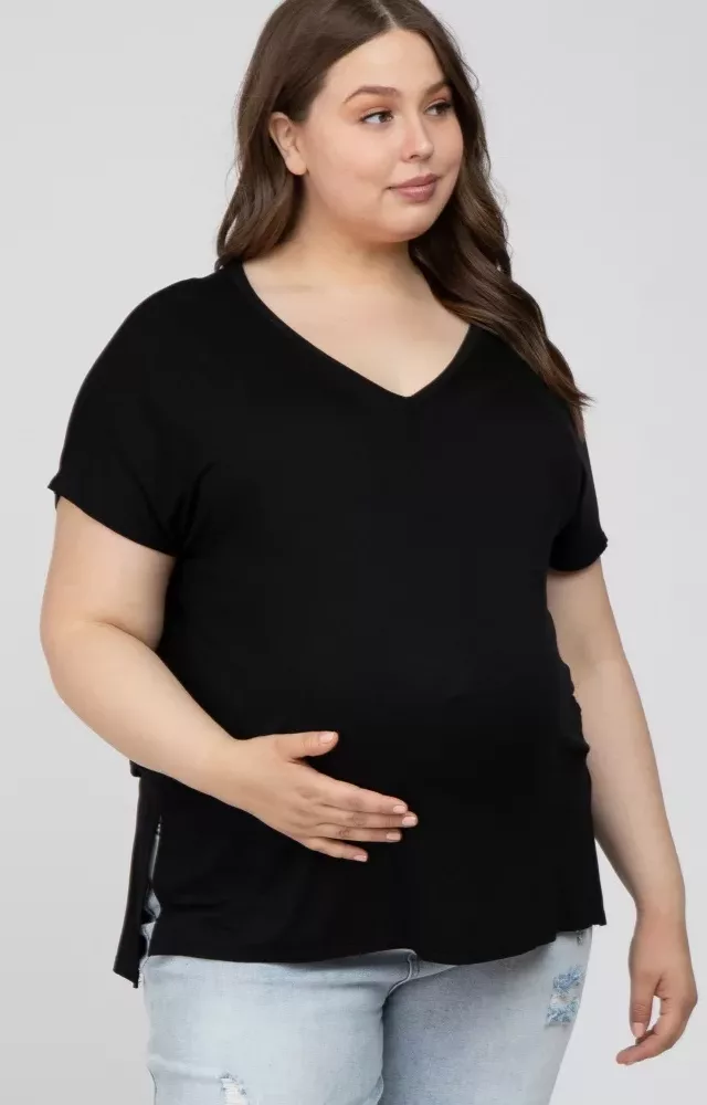 Black V-Neck Oversized Maternity Plus Short Sleeve Top