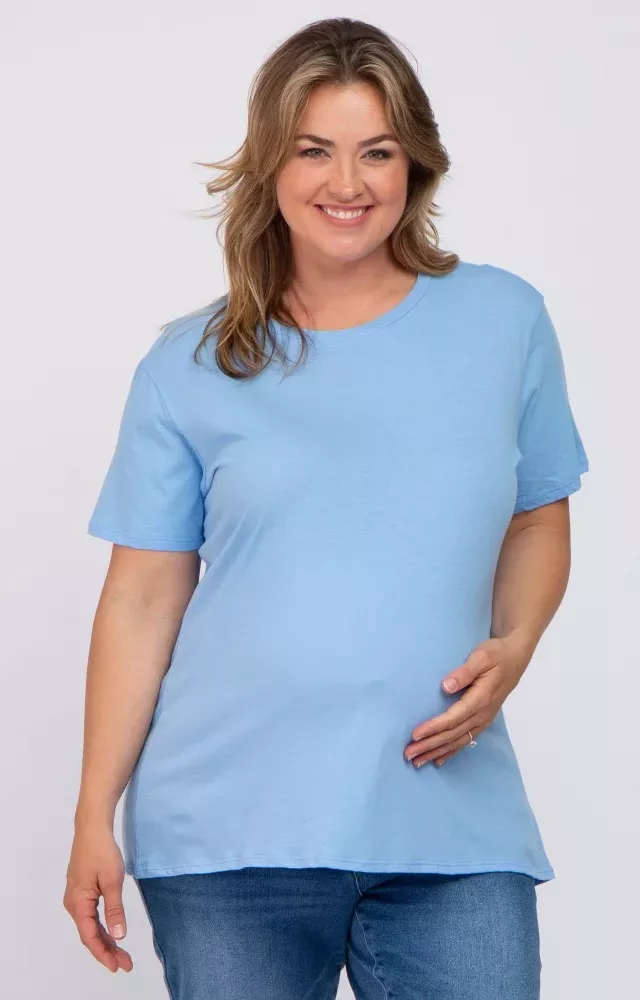 Light Blue Solid Short Sleeve Plus Maternity Top