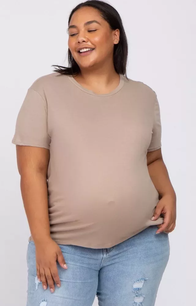 Mocha Solid Short Sleeve Plus Maternity Top