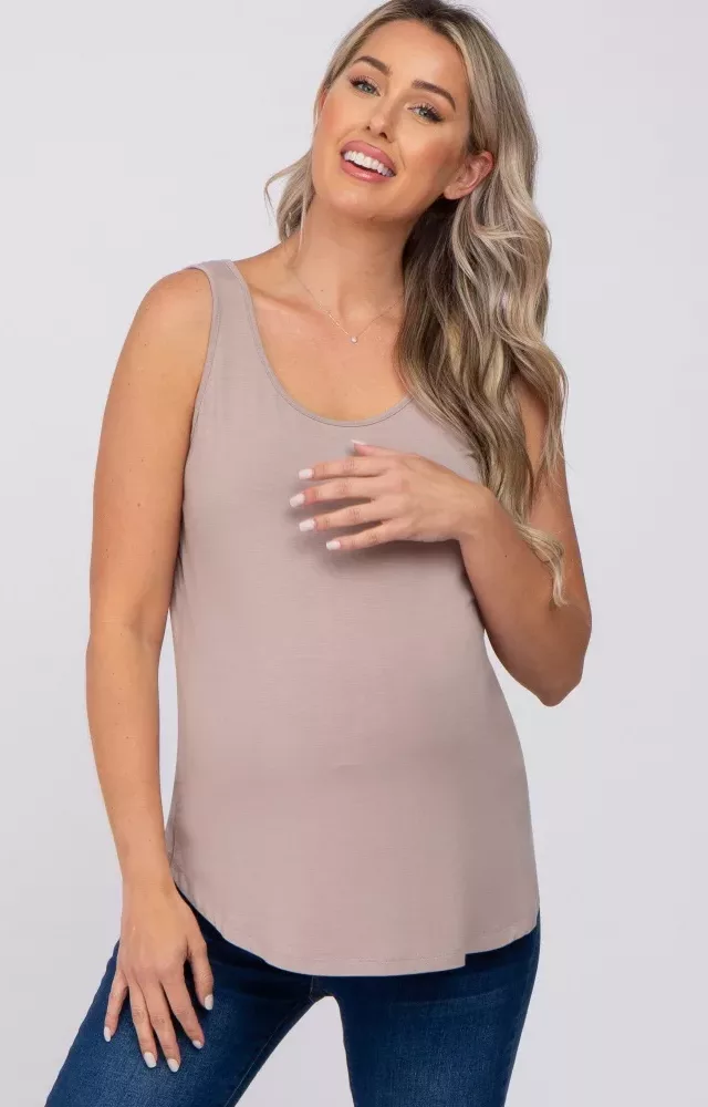 Taupe Sleeveless Curved Hem Maternity Top