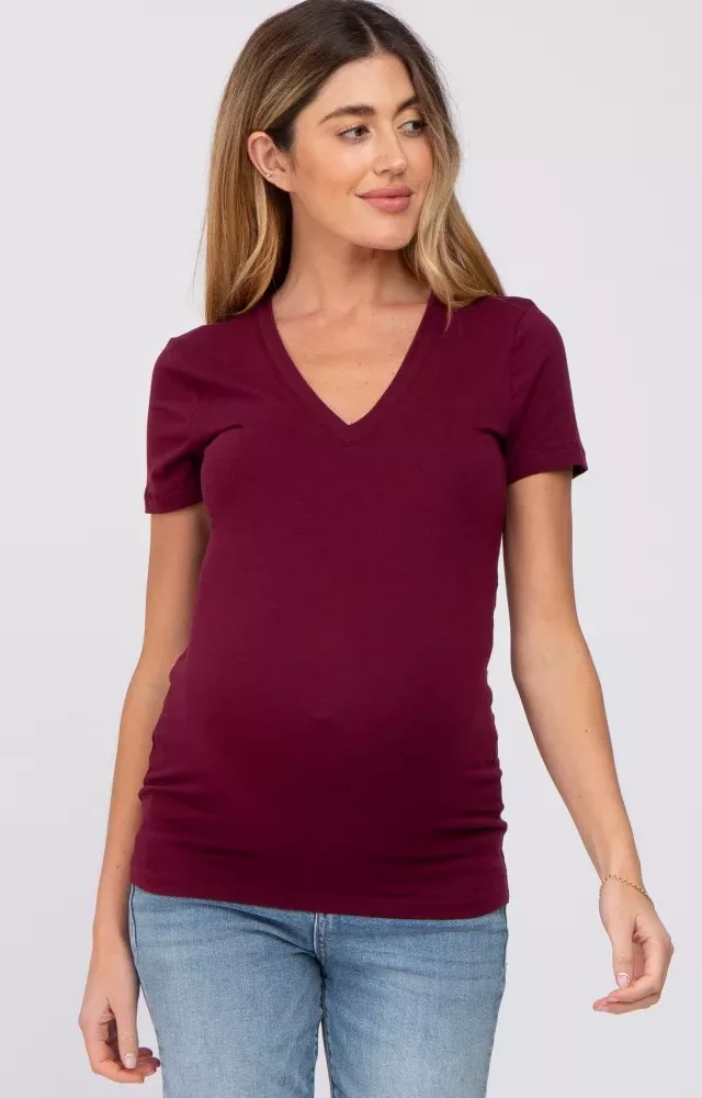 Burgundy V-Neck Short Sleeve Maternity Top