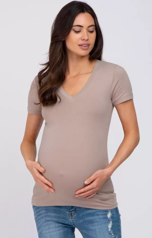 Taupe V-Neck Short Sleeve Maternity Top