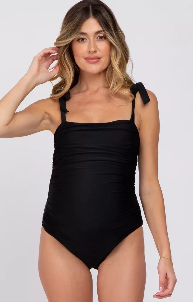 Black Shoulder Tie Maternity One-Piece Swimsuit
