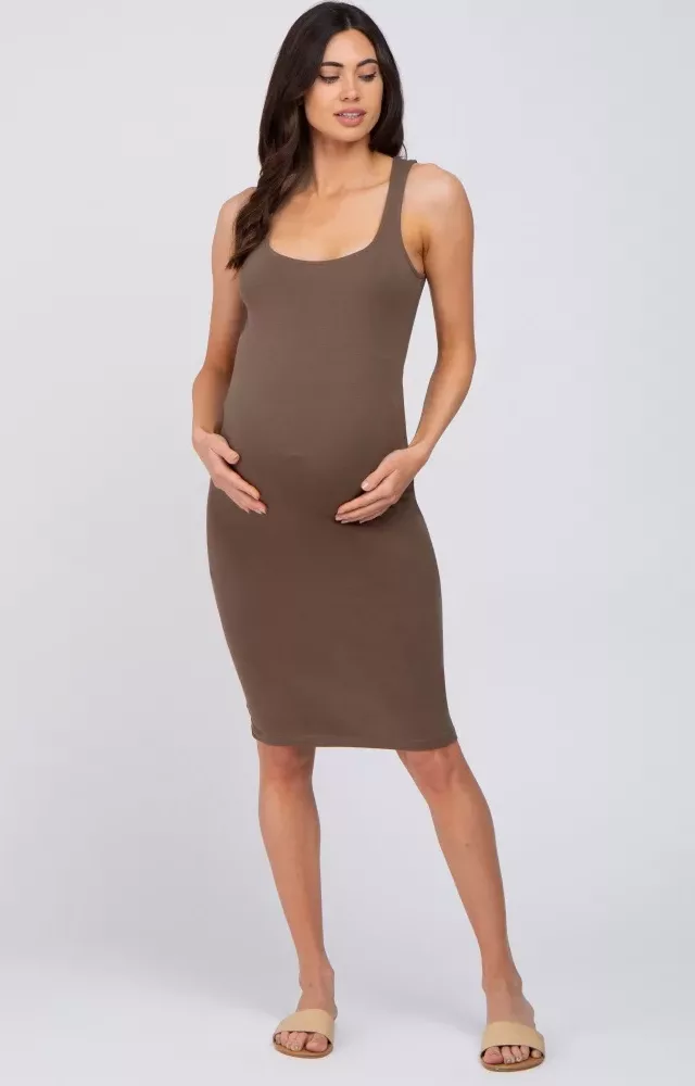 Mocha Basic Sleeveless Maternity Fitted Dress