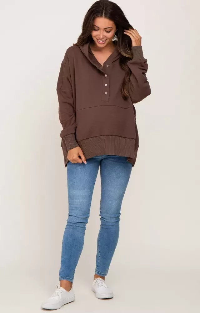 Brown Button Front Ribbed Trim Hooded Maternity Sweatshirt
