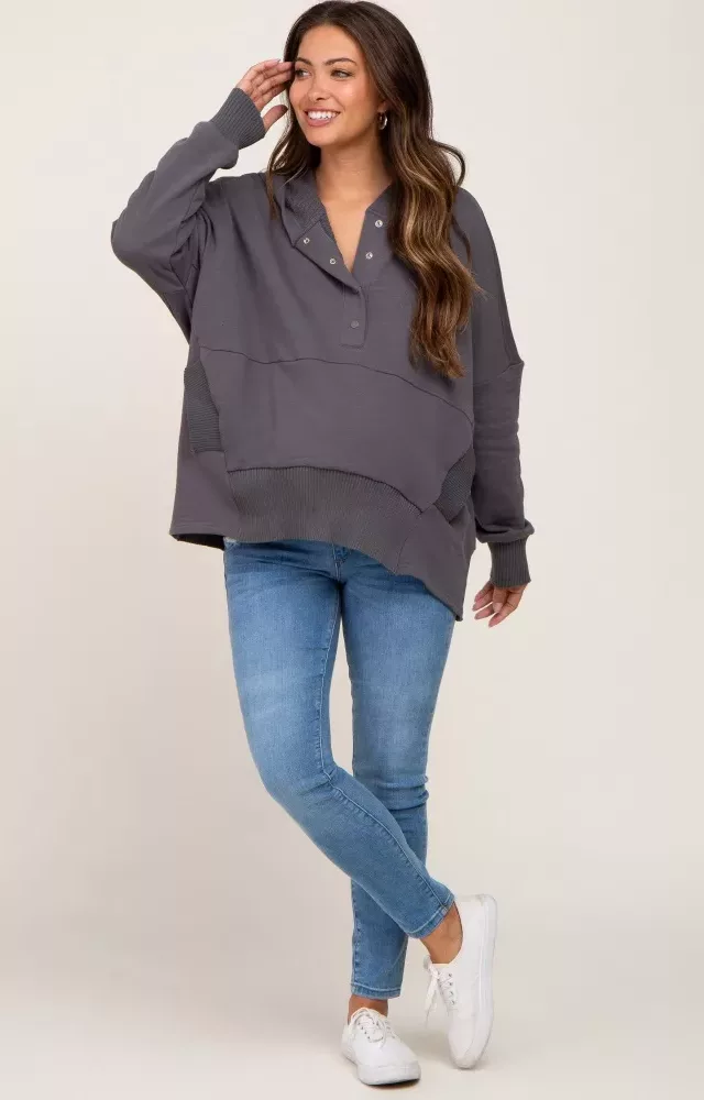 Charcoal Button Front Ribbed Trim Hooded Maternity Sweatshirt Charcoal Grey