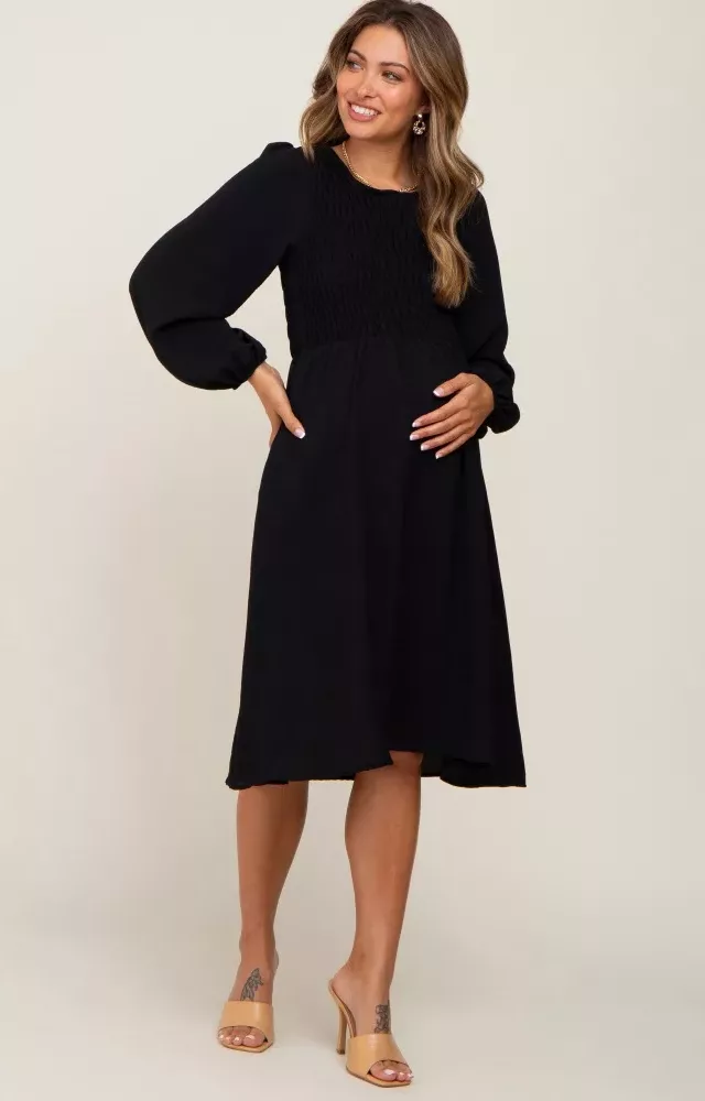 Black Smocked Long Sleeve Maternity Midi Dress