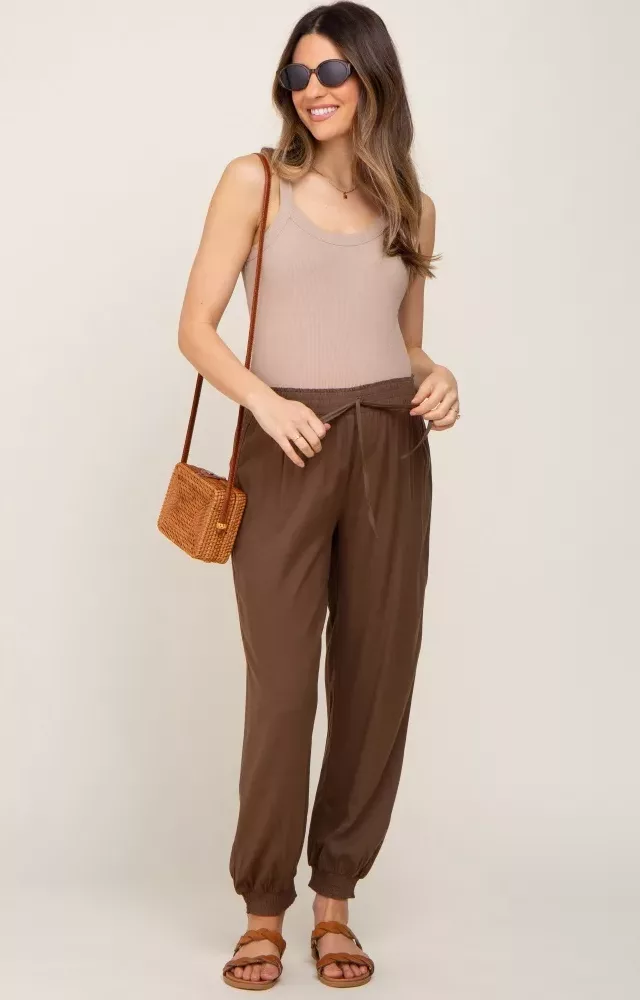 Brown Drawstring Accent Maternity Joggers