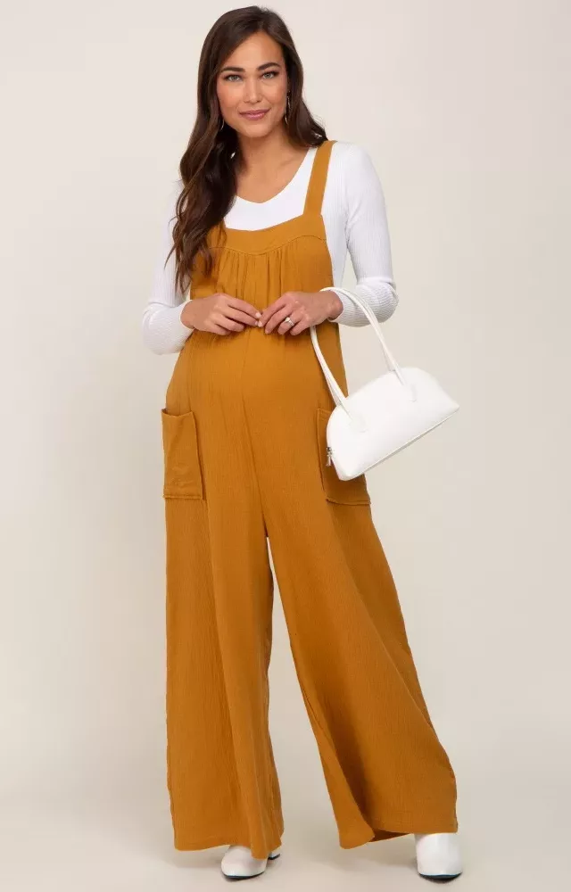Camel Wide Leg Tie Back Maternity Overalls