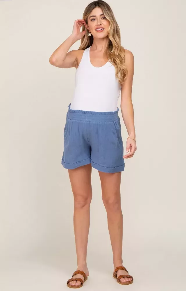 Blue Cotton Gauze Maternity Shorts
