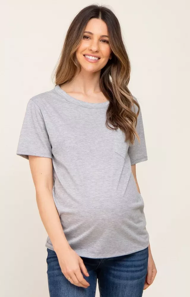 Heather Grey Basic Front Pocket Maternity T-Shirt
