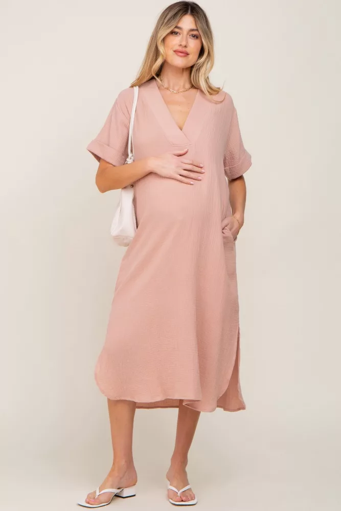 Mauve Gauze Round Hem Maternity Midi Dress