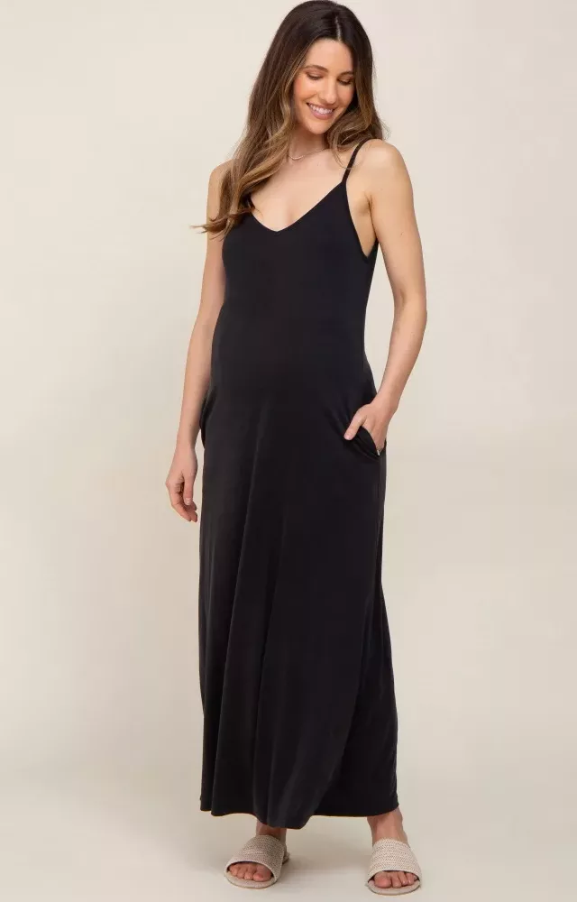 Black Sleeveless V-Neck Maternity Maxi Dress