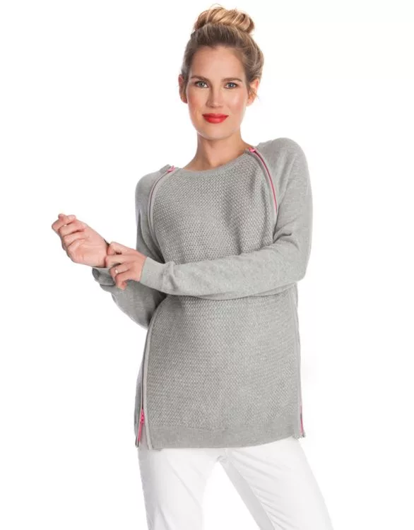 Pure Cotton Double Zip Nursing Sweater Greyneon