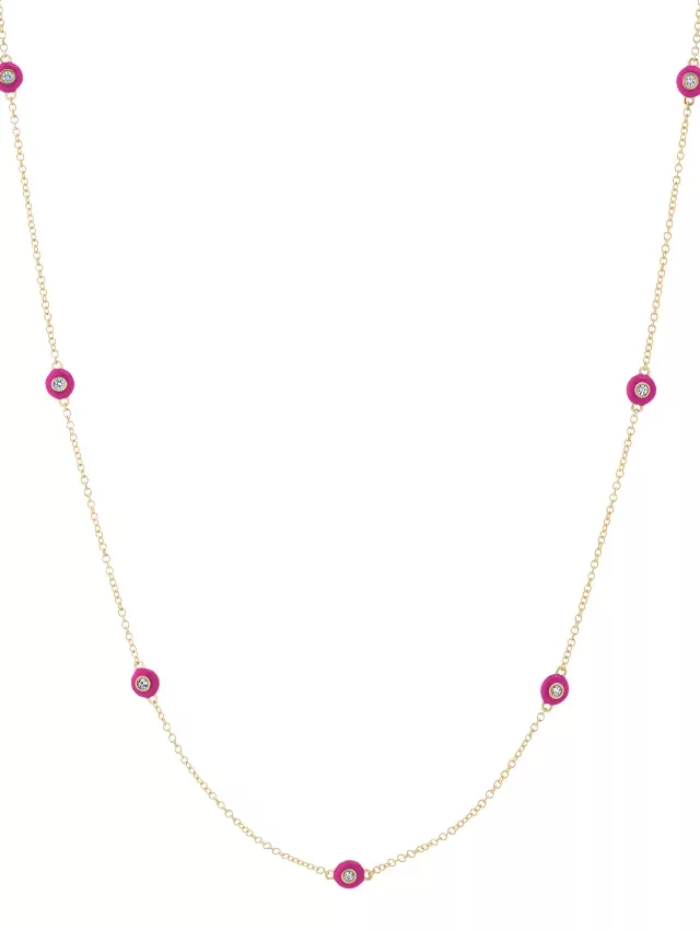 18K Yellow Gold Pink Enamel and Diamond Bezel Strand Necklace