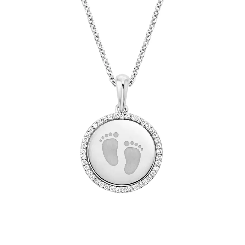 14K White Gold Engravable Little Footprints Diamond Disc Pendant