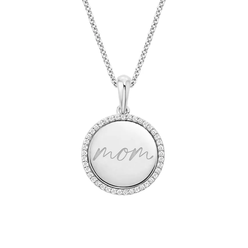 14K White Gold Engravable Mom Diamond Disc Pendant