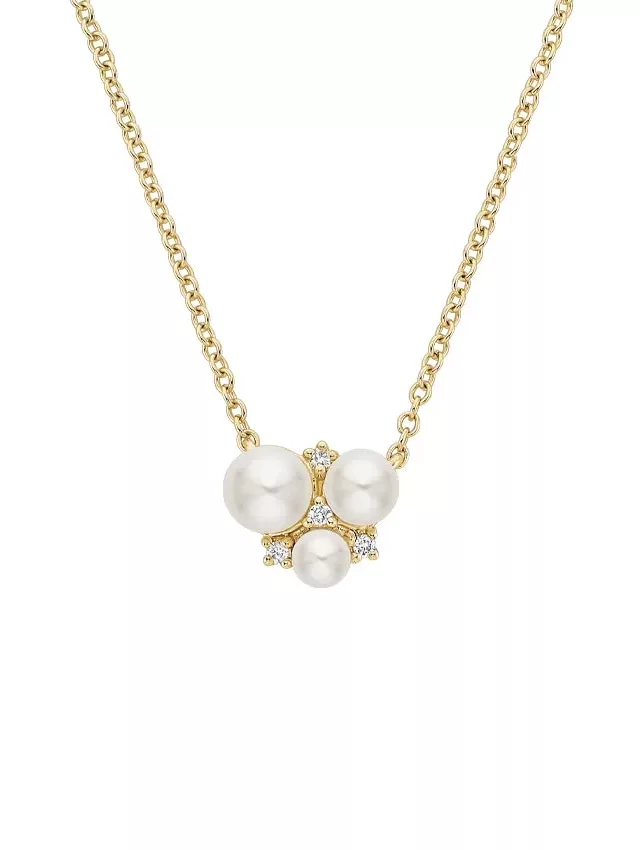 14K Yellow Gold Blossom Cultured Pearl and Diamond Cluster Pendant