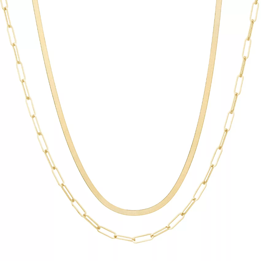 14K Yellow Gold The Trendsetter Herringbone and Paperclip Chain Necklace Set