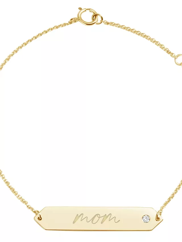 14K Yellow Gold Engravable Mom Diamond Bar Bracelet
