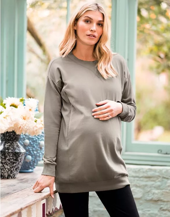 Khaki Maternity & Nursing Sweatshirt Tunic