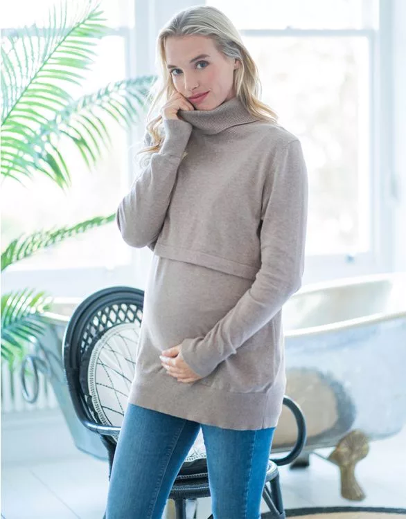 Oatmeal Cotton Knit Maternity & Nursing Sweater Camel