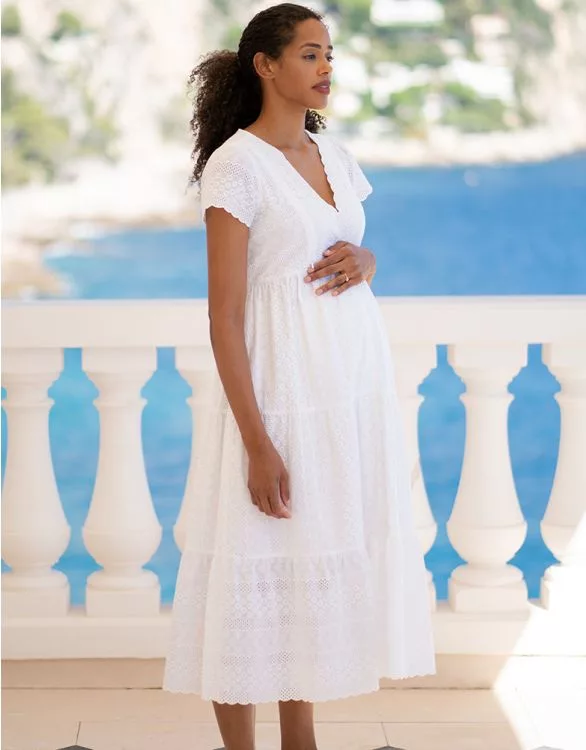 White V Neck Broderie Anglaise Maternity to Nursing Midi Dress