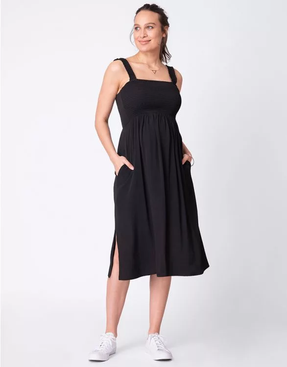 Black Shirred Maternity Midi Dress