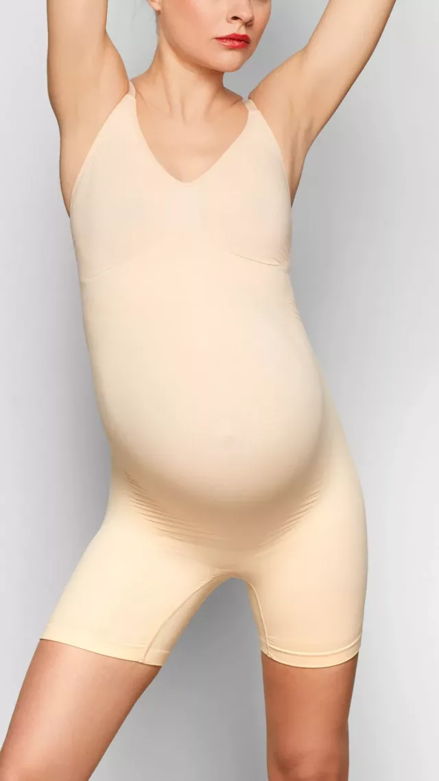 Maternity sculpting bodysuit mid thigh sand