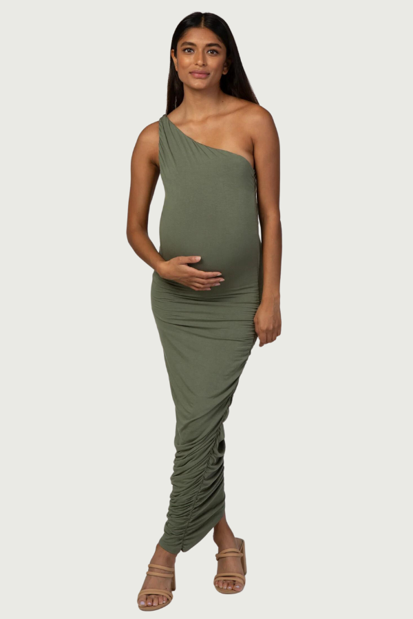 PinkBlush Olive Ruched One Shoulder Maternity Dress Olive Green