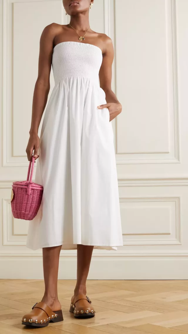 Madella strapless smocked organic cotton-poplin midi dress White